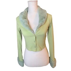PacSun PacCares Green Faux Fur Trim Ribbed Cardigan Cropped Y2K Top Small